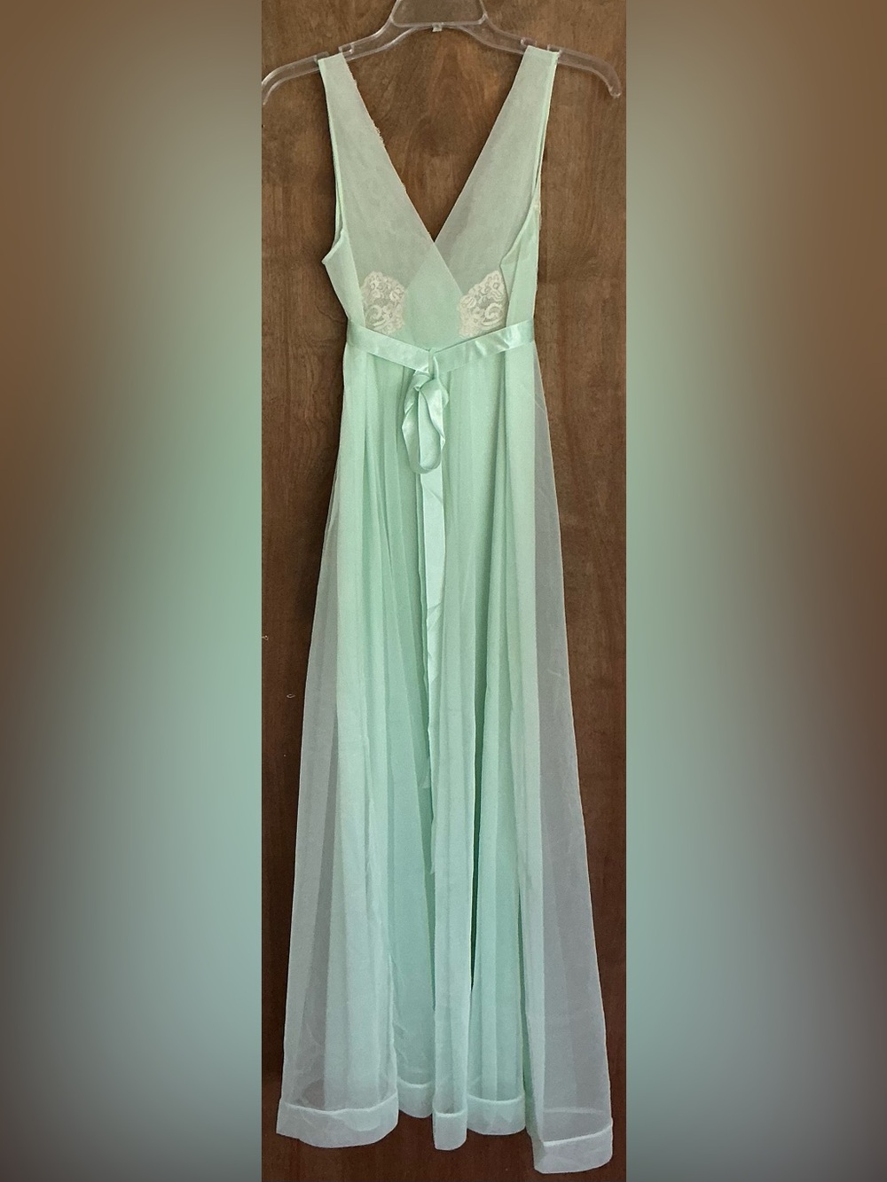 VTG Shadowline Peignoir Set Mint Green Nylon Chiffon Nightgown Gown Robe Lace S - Picture 8 of 16